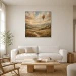 Dusty Blue Sunrise Balloon Adventure Kids Wall Art Canvas Print styled in a refined neutral interior