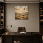 Dusty Blue Sunrise Balloon Adventure Kids Wall Art Canvas Print displayed in a contemporary gallery-inspired room