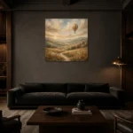 Dusty Blue Sunrise Balloon Adventure Kids Wall Art Canvas Print shown in a warm modern interior