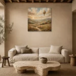 Dusty Blue Sunrise Balloon Adventure Kids Wall Art Canvas Print presented in a sophisticated home setting