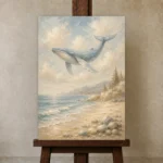 Pale Blue & Sand Whale Coastal Kids Wall Art Canvas Print displayed on a studio easel