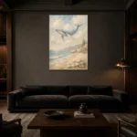 Pale Blue & Sand Whale Coastal Kids Wall Art Canvas Print shown in a warm modern interior