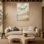 Pale Blue & Sand Whale Coastal Kids Wall Art Canvas Print presented in a sophisticated home setting