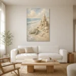 Pale Blue Sea Turtle Coastal Kids Wall Art Canvas Print styled in a refined neutral interior