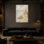 Pale Blue Sea Turtle Coastal Kids Wall Art Canvas Print shown in a warm modern interior