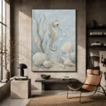 Pale Blue & Aqua Seahorse Coastal Kids Wall Art Canvas Print - Image 3