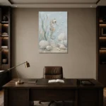 Pale Blue & Aqua Seahorse Coastal Kids Wall Art Canvas Print displayed in a contemporary gallery-inspired room