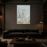 Pale Blue & Aqua Seahorse Coastal Kids Wall Art Canvas Print shown in a warm modern interior