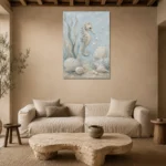 Pale Blue & Aqua Seahorse Coastal Kids Wall Art Canvas Print presented in a sophisticated home setting