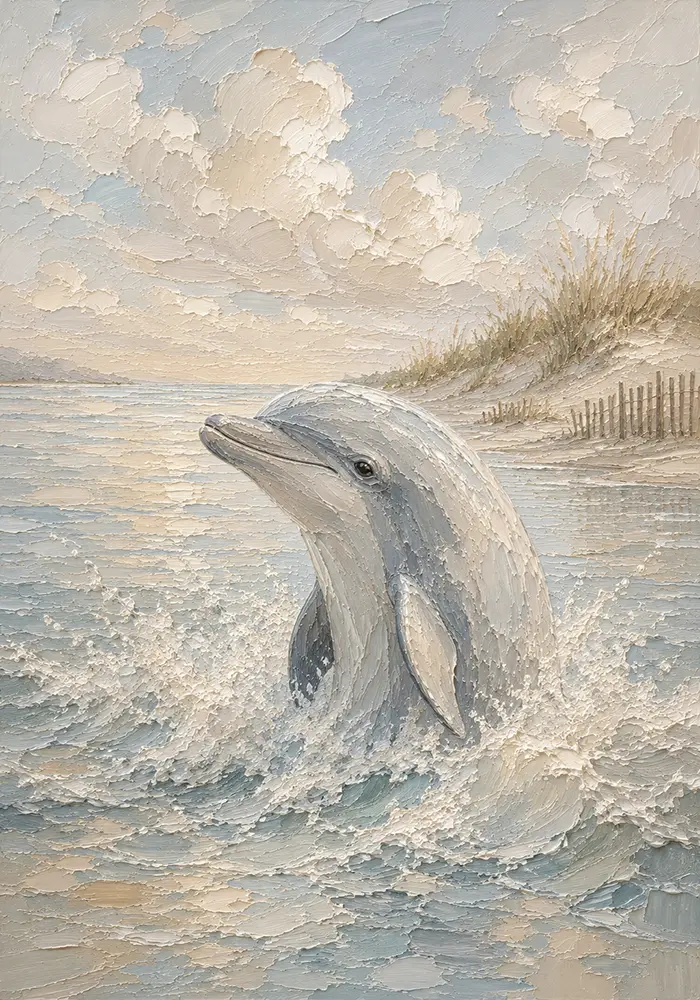 Pale Blue & Sand Dolphin Coastal Kids Wall Art Canvas Print