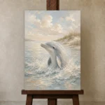 Pale Blue & Sand Dolphin Coastal Kids Wall Art Canvas Print displayed on a studio easel
