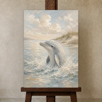 Pale Blue & Sand Dolphin Coastal Kids Wall Art Canvas Print shown in Studio Easel