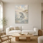 Pale Blue & Sand Dolphin Coastal Kids Wall Art Canvas Print styled in a refined neutral interior