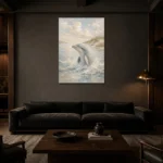 Pale Blue & Sand Dolphin Coastal Kids Wall Art Canvas Print shown in a warm modern interior