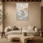 Pale Blue & Sand Dolphin Coastal Kids Wall Art Canvas Print presented in a sophisticated home setting