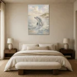 Pale Blue & Sand Dolphin Coastal Kids Wall Art Canvas Print showcased in an elegant minimalist interior