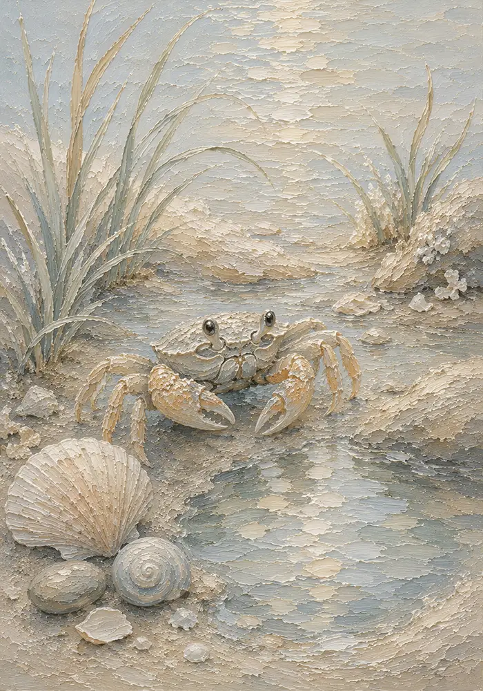 Pale Blue & Coral Crab Coastal Kids Wall Art Canvas Print