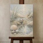 Pale Blue & Coral Crab Coastal Kids Wall Art Canvas Print displayed on a studio easel