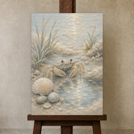 Pale Blue & Coral Crab Coastal Kids Wall Art Canvas Print shown in Studio Easel