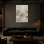 Pale Blue & Coral Crab Coastal Kids Wall Art Canvas Print shown in a warm modern interior