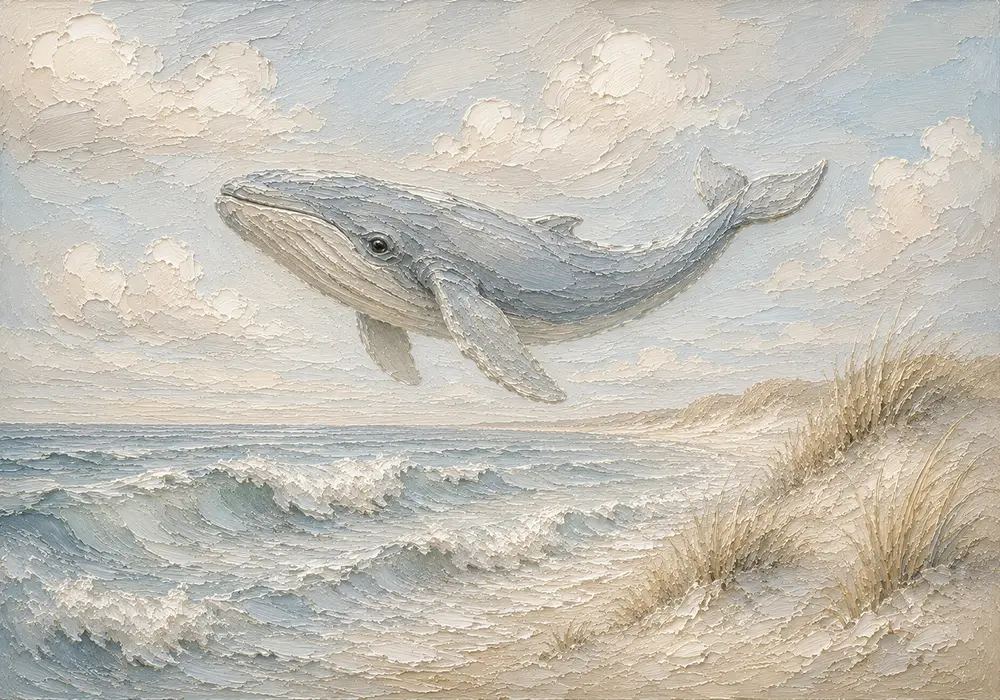 Pale Blue & Sand Rolling Tide Whale Coastal Kids Wall Art Canvas Print