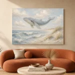 Pale Blue & Sand Rolling Tide Whale Coastal Kids Wall Art Canvas Print - Image 3