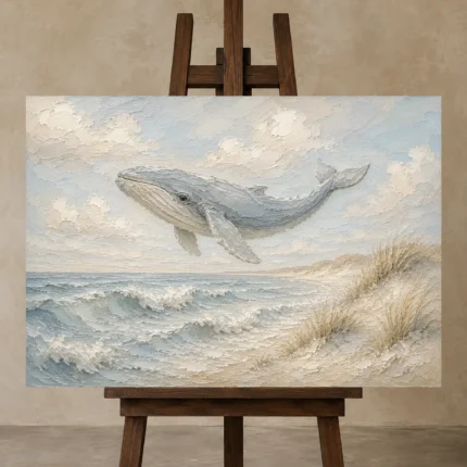 Pale Blue & Sand Rolling Tide Whale Coastal Kids Wall Art Canvas Print displayed on a studio easel