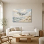 Pale Blue & Sand Rolling Tide Whale Coastal Kids Wall Art Canvas Print styled in a refined neutral interior