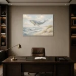 Pale Blue & Sand Rolling Tide Whale Coastal Kids Wall Art Canvas Print displayed in a contemporary gallery-inspired room