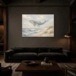 Pale Blue & Sand Rolling Tide Whale Coastal Kids Wall Art Canvas Print shown in a warm modern interior