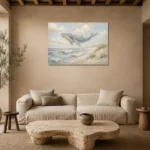 Pale Blue & Sand Rolling Tide Whale Coastal Kids Wall Art Canvas Print presented in a sophisticated home setting