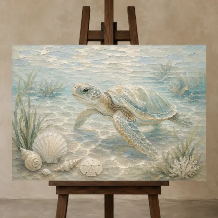 Pale Blue & Sea Glass Turtle Coastal Kids Wall Art Canvas Print displayed on a studio easel