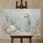 Pale Blue Aqua Seahorse Coastal Kids Wall Art Canvas Print displayed on a studio easel