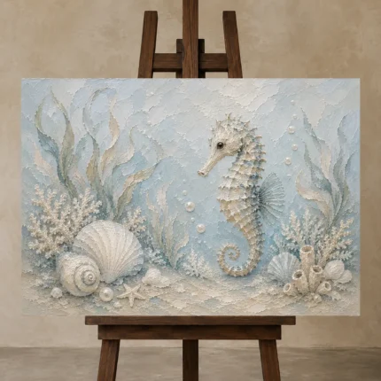 Pale Blue Aqua Seahorse Coastal Kids Wall Art Canvas Print displayed on a studio easel