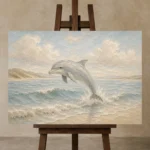 Pale Blue & Sand Dolphin Coastal Kids Wall Art Canvas Print displayed on a studio easel