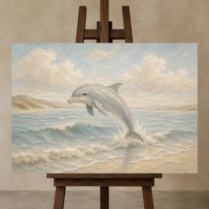 Pale Blue & Sand Dolphin Coastal Kids Wall Art Canvas Print displayed on a studio easel