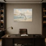 Pale Blue & Sand Dolphin Coastal Kids Wall Art Canvas Print displayed in a contemporary gallery-inspired room