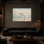 Pale Blue & Sand Dolphin Coastal Kids Wall Art Canvas Print shown in a warm modern interior