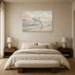 Pale Blue & Sand Dolphin Coastal Kids Wall Art Canvas Print showcased in an elegant minimalist interior
