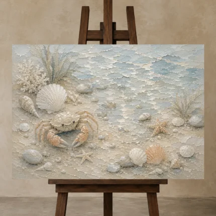 Pale Blue & Coral Tide Pool Crab Coastal Kids Wall Art Canvas Print displayed on a studio easel
