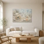 Pale Blue & Coral Tide Pool Crab Coastal Kids Wall Art Canvas Print styled in a refined neutral interior
