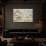 Pale Blue & Coral Tide Pool Crab Coastal Kids Wall Art Canvas Print shown in a warm modern interior