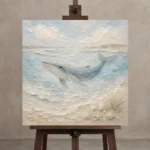 Pale Blue Baby Whale Coastal Kids Wall Art Canvas Print displayed on a studio easel