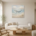 Pale Blue Baby Whale Coastal Kids Wall Art Canvas Print styled in a refined neutral interior