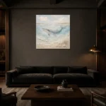 Pale Blue Baby Whale Coastal Kids Wall Art Canvas Print shown in a warm modern interior