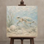 Pale Blue & Sea Glass Sea Turtle Coastal Kids Wall Art Canvas Print displayed on a studio easel
