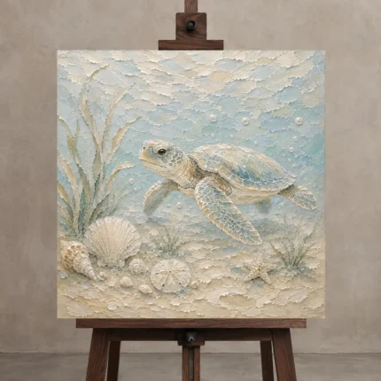 Pale Blue & Sea Glass Sea Turtle Coastal Kids Wall Art Canvas Print displayed on a studio easel