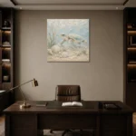 Pale Blue & Sea Glass Sea Turtle Coastal Kids Wall Art Canvas Print displayed in a contemporary gallery-inspired room