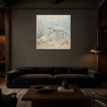 Pale Blue & Sea Glass Sea Turtle Coastal Kids Wall Art Canvas Print shown in a warm modern interior