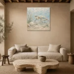 Pale Blue & Sea Glass Sea Turtle Coastal Kids Wall Art Canvas Print presented in a sophisticated home setting